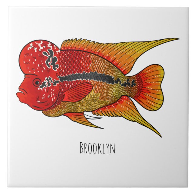 Flowerhorn cichlid fish cartoon illustration ceramic tile (Front)