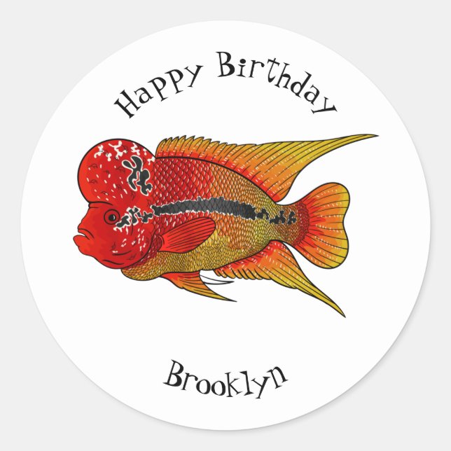 Flowerhorn cichlid fish cartoon illustration classic round sticker (Front)
