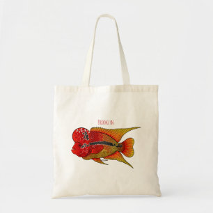 Flowerhorn cichlid fish cartoon illustration tote bag