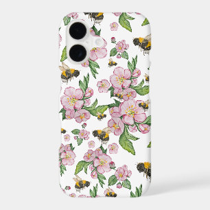 Flowering apple orchard with bees watercolor drawi