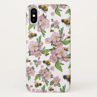 Flowering apple orchard with bees watercolor drawi