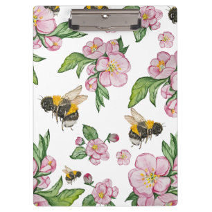 Flowering apple orchard with bees watercolor drawi clipboard