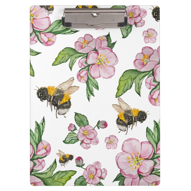 Flowering apple orchard with bees watercolor drawi clipboard (Front)