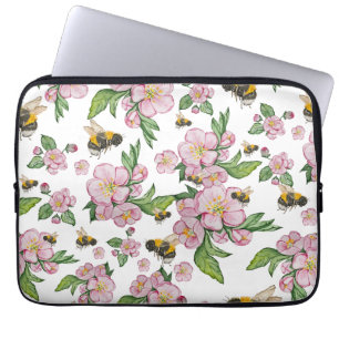 Flowering apple orchard with bees watercolor drawi laptop sleeve