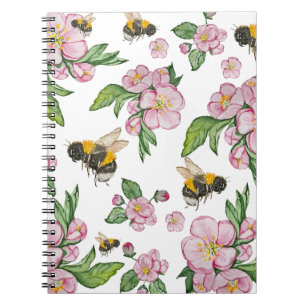 Flowering apple orchard with bees watercolor drawi notebook