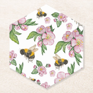 Flowering apple orchard with bees watercolor drawi paper coaster