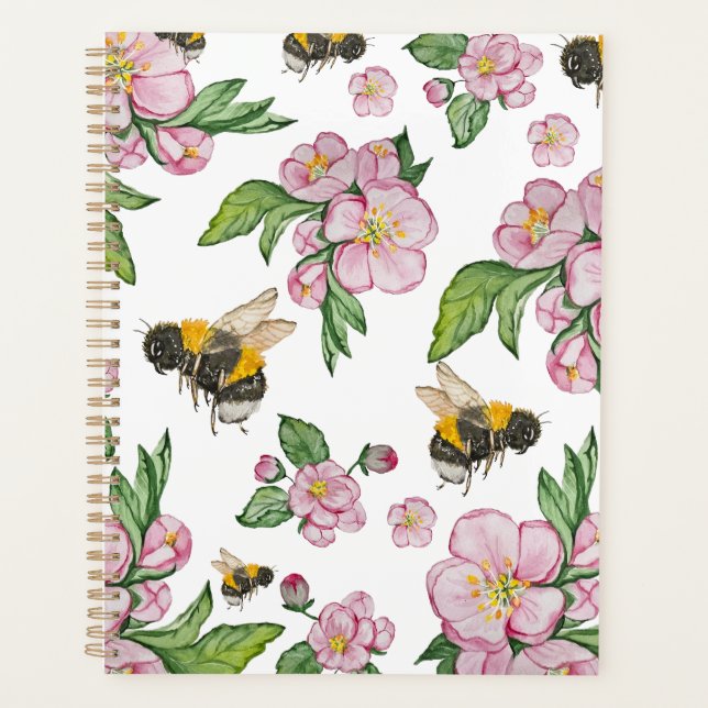Flowering apple orchard with bees watercolor drawi planner (Front)