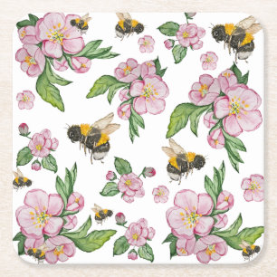 Flowering apple orchard with bees watercolor drawi square paper coaster