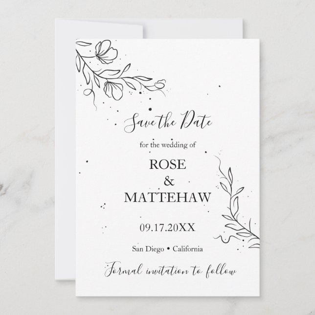 Flowering branch and drops of ink Save the Date Invitation (Front)
