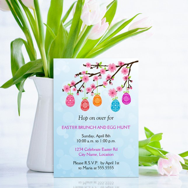 Flowering Branch Easter Eggs Party Invitation (Elegant Easter Party invitation with a spring flowering branch with easter eggs hanging.)