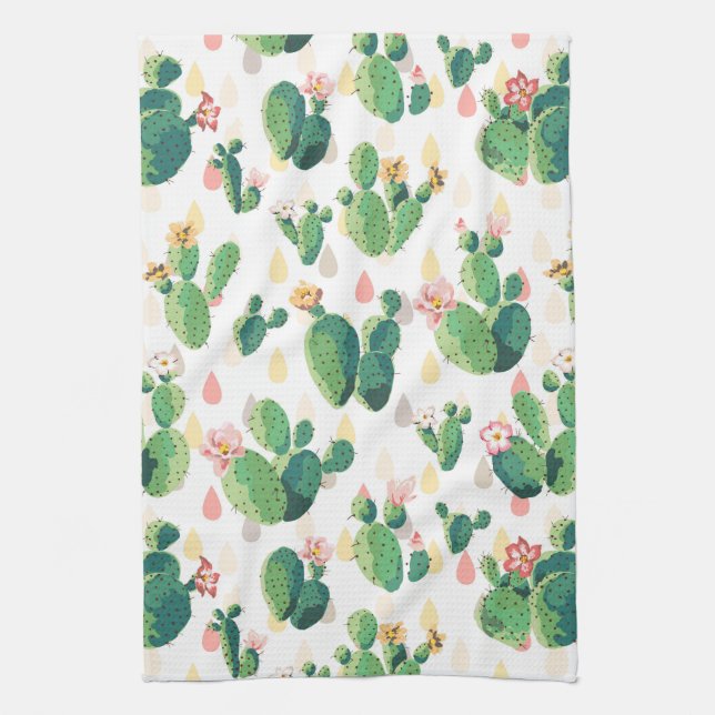 Flowering Cactus On White Background Tea Towel (Vertical)