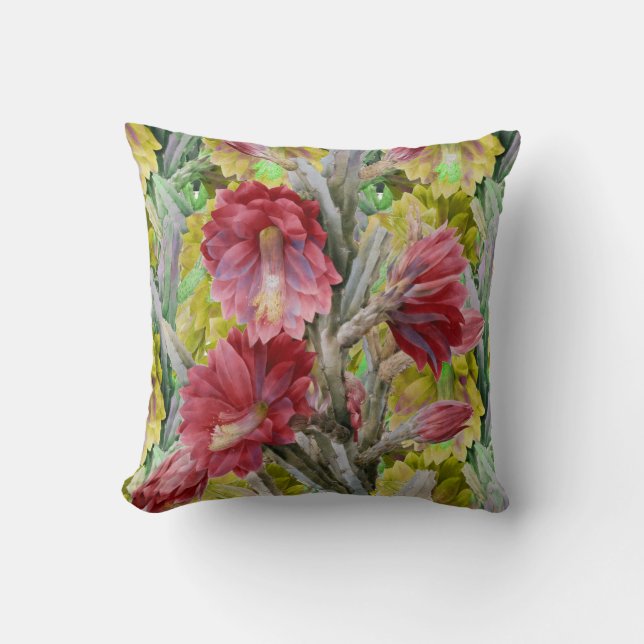 FLOWERING CACTUS ,RED PINK YELLOW FLOWERS  Floral Cushion (Front)