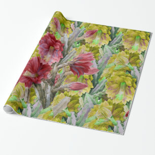 FLOWERING CACTUS ,RED PINK YELLOW FLOWERS  Floral Wrapping Paper