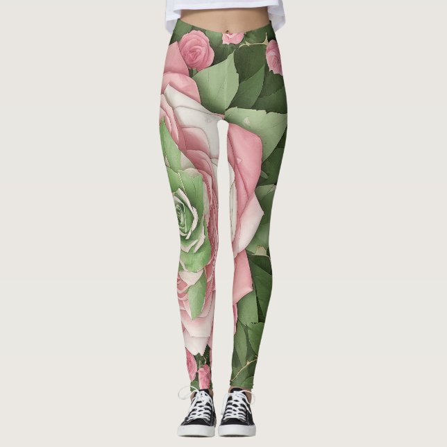 Flowering of Green Leaves and Rosas Flowers Leggings (Front)