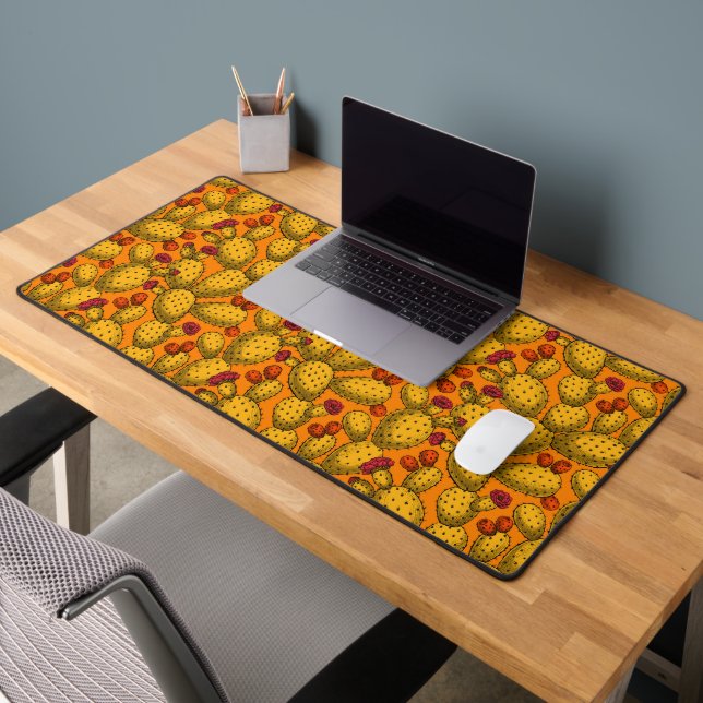 Flowering opuntia in yellow desk mat (Office 2)