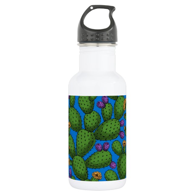 Flowering opuntia on blue 532 ml water bottle (Front)