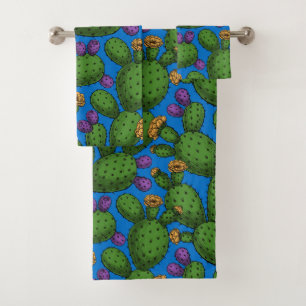 Flowering opuntia on blue bath towel set