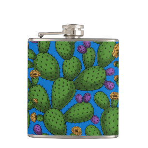 Flowering opuntia on blue hip flask