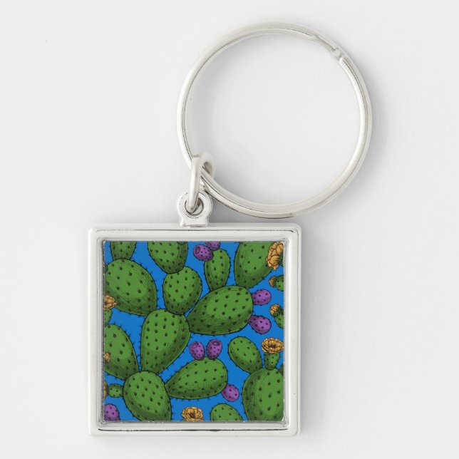 Flowering opuntia on blue key ring (Front)