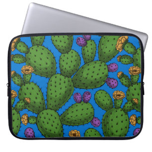 Flowering opuntia on blue laptop sleeve
