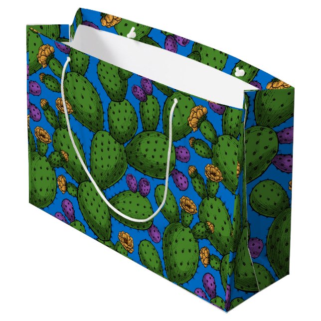Flowering opuntia on blue large gift bag (Back Angled)