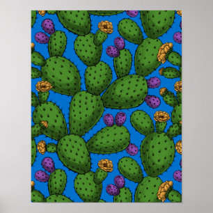 Flowering opuntia on blue poster