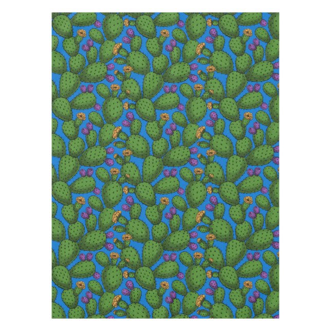 Flowering opuntia on blue tablecloth (Front)