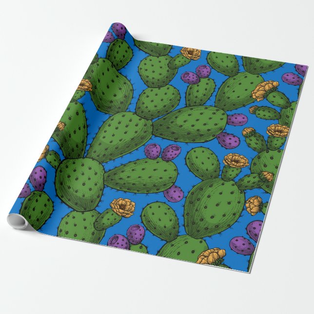 Flowering opuntia on blue wrapping paper (Unrolled)