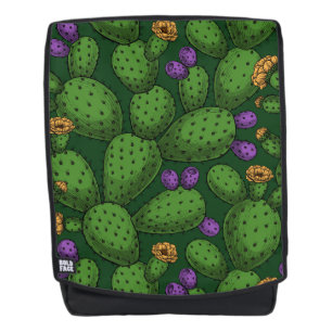 Flowering opuntia on dark green backpack