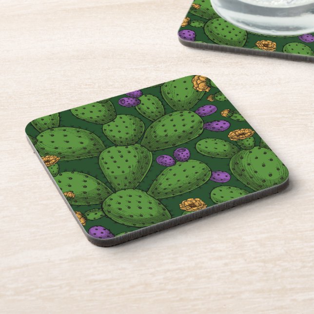 Flowering opuntia on dark green coaster (Left Side)