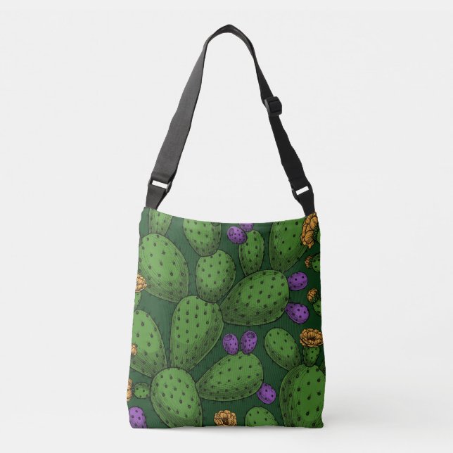 Flowering opuntia on dark green crossbody bag (Front)