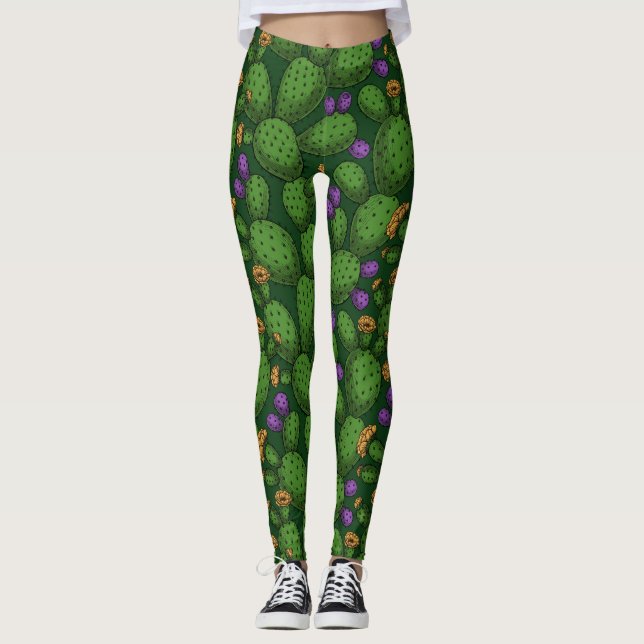 Flowering opuntia on dark green leggings (Front)