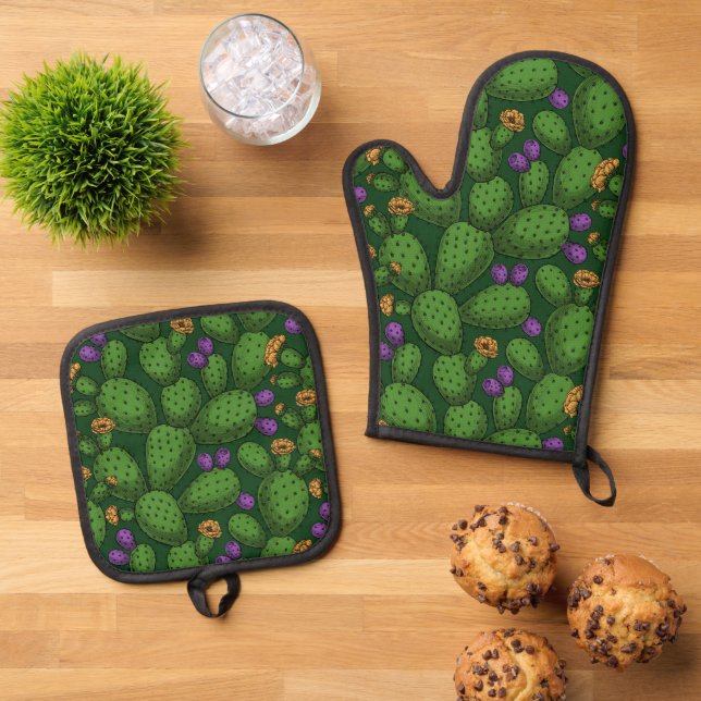 Flowering opuntia on dark green oven mitt & pot holder set (Top Down)