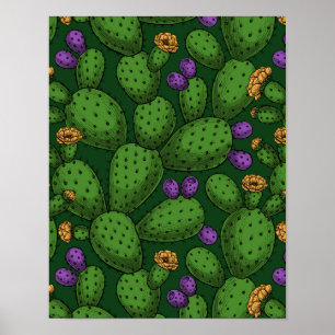 Flowering opuntia on dark green poster