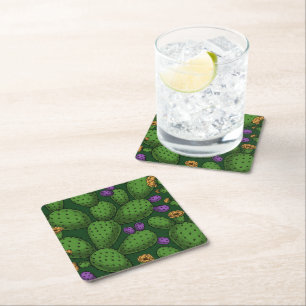 Flowering opuntia on dark green square paper coaster