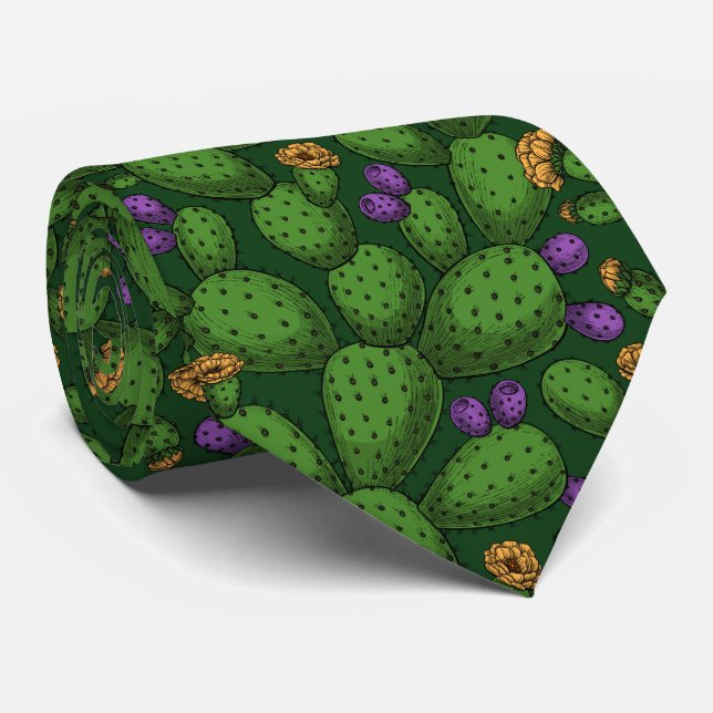 Flowering opuntia on dark green tie (Rolled)