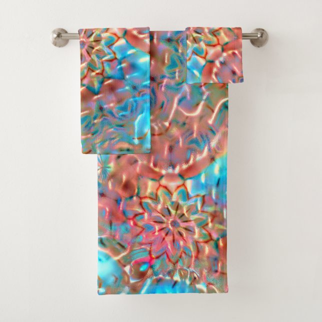Flowering peach and aqua under hammered glass  bath towel set (Insitu)