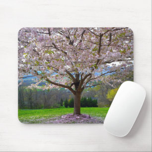 Flowering Pink Cherry Blossom Tree with Woods Mouse Pad