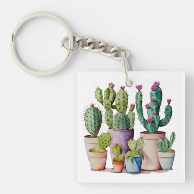 Flowering pink desert cactus succulents in pots key ring (Front)