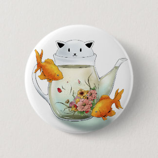 Flowering Tea in a Cat Teapot and Goldfish 6 Cm Round Badge