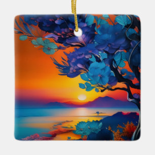 Flowering Tree at the Lake at Sunrise Ceramic Ornament