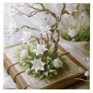 Flowering Tree Growing From a Book Ceramic Tile