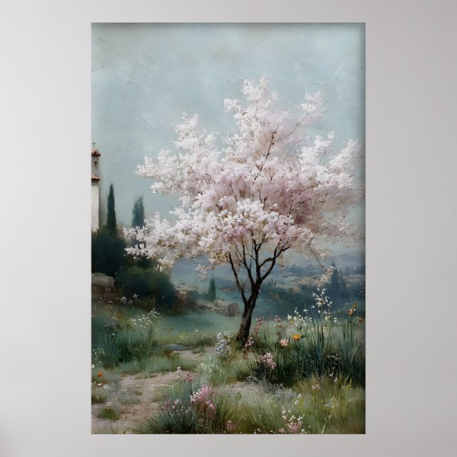 Flowering Trees Print, Antique Spring Field Poster (Front)