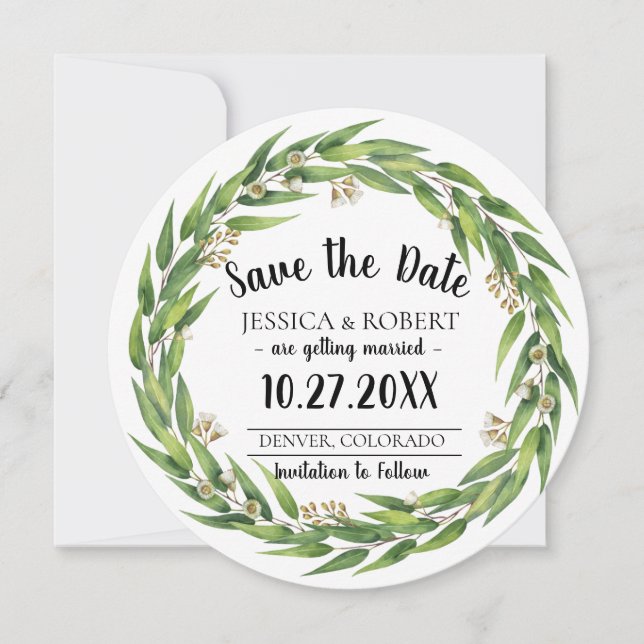 Flowering Willow Wreath Wedding Save the Date Invitation (Front)
