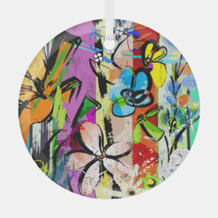 Flowers Abstract, Geometric Lines Composition. Glass Tree Decoration