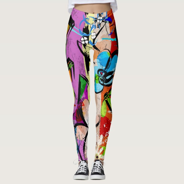 Flowers Abstract, Geometric Lines Composition. Leggings (Front)