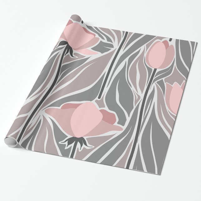 Flowers Abstract Pattern Wrapping Paper (A floral pattern with soft pink tulips against a muted gray background!)