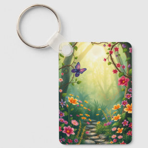 Flowers and a Butterfly in an Enchanted Rainforest Key Ring