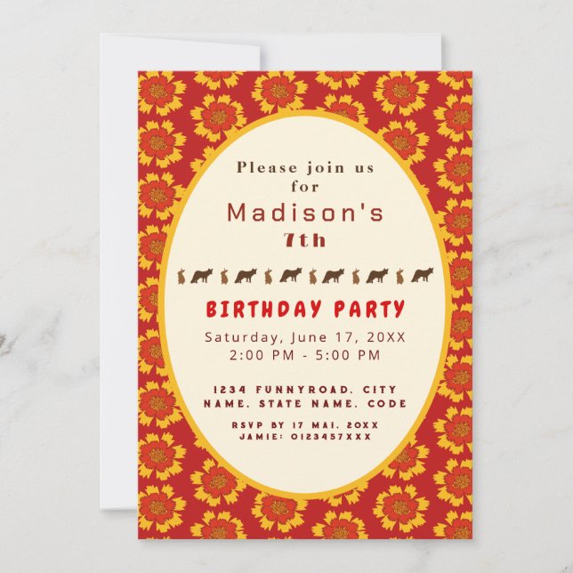 Flowers and animals red and yellow floral pattern invitation (Front)
