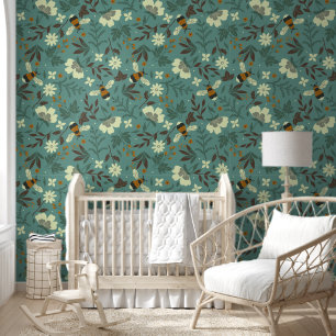 Flowers and bees pattern wallpaper